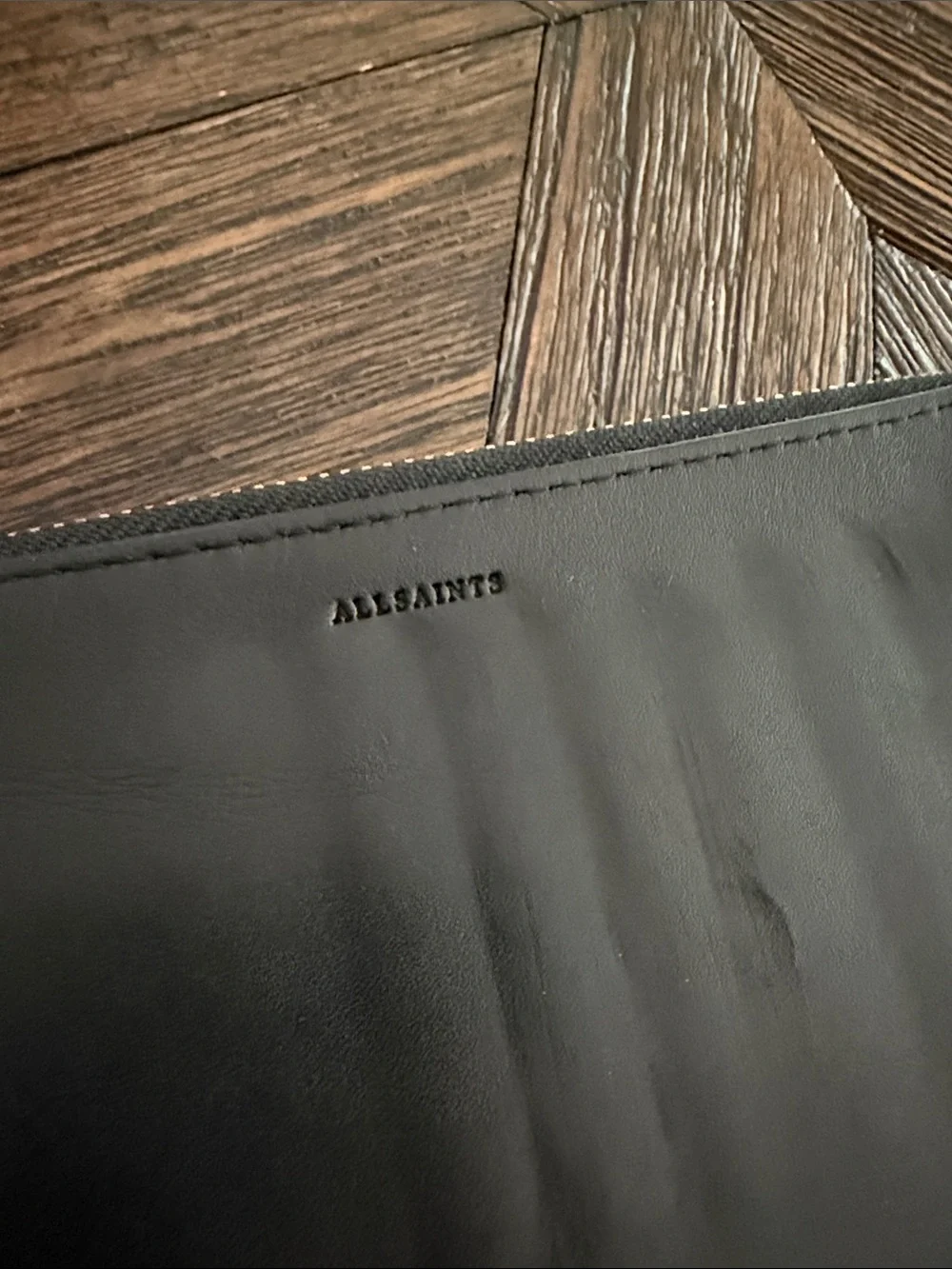 AllSaints Black Leather Zip-Around Wallet Organizer w/ Tote Attachment Grommets